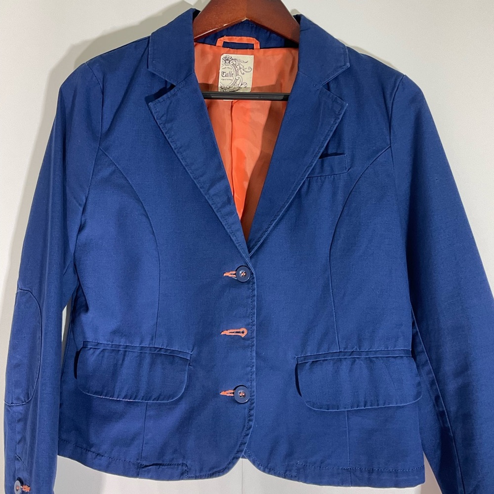 Tulle Blazer Button Up V-Neck Styling Long Sleeve Pockets Blue Pockets Size SM